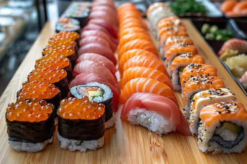 Variados tipos de sushi y sashimi en la mesa
