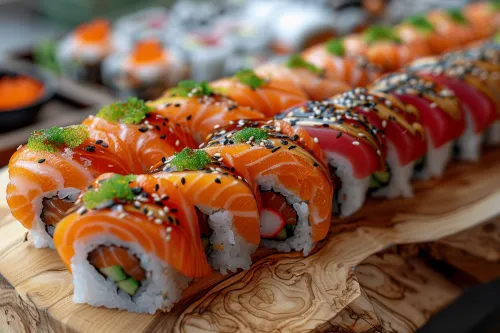 Sushi with Salmon and Octopus Served on a Wooden Plate