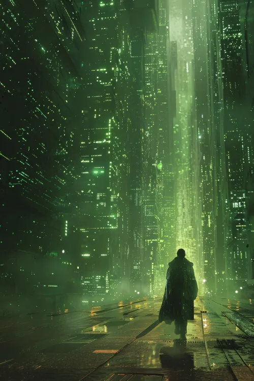 Un hombre con capa entre altos edificios y luces brillantes en una ciudad ciberpunk