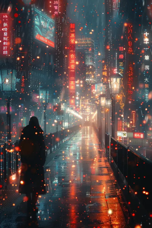 Rainy Night City with Bright Neon Lights and Reflections