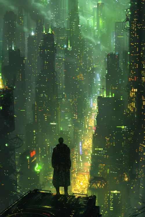 Panorama of a futuristic city with bright lights and tall skyscrapers