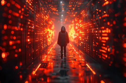 A hooded figure walks down a corridor with red lights