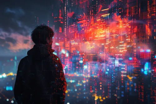 Silhouette of a person in front of a vibrant digital city filled with data
