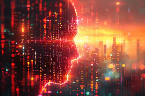 Silhouette of a face with an abstract digital background and data elements