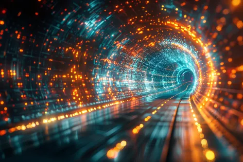Image of a futuristic tunnel with numerous colorful lights and a motion effect