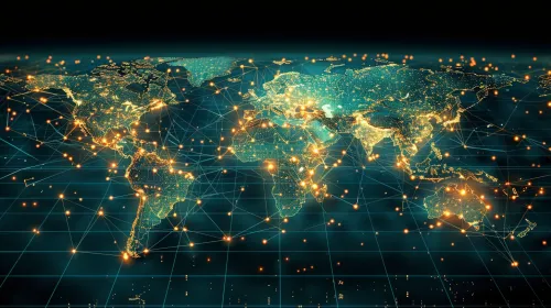 Representación esquemática del mundo con conexiones y resaltado