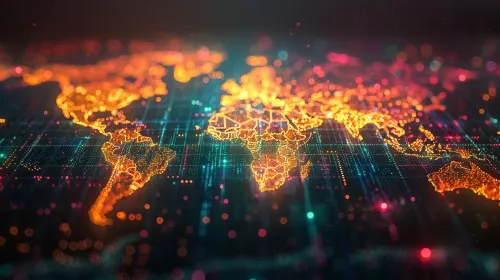 Imagen moderna de un mapa del mundo con puntos luminosos brillantes