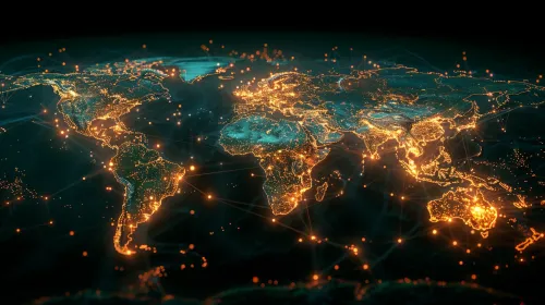 Electronic map of the world with highlighted borders and cities