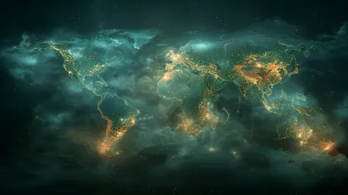 Map of the world illuminated by city lights against a dark cosmos