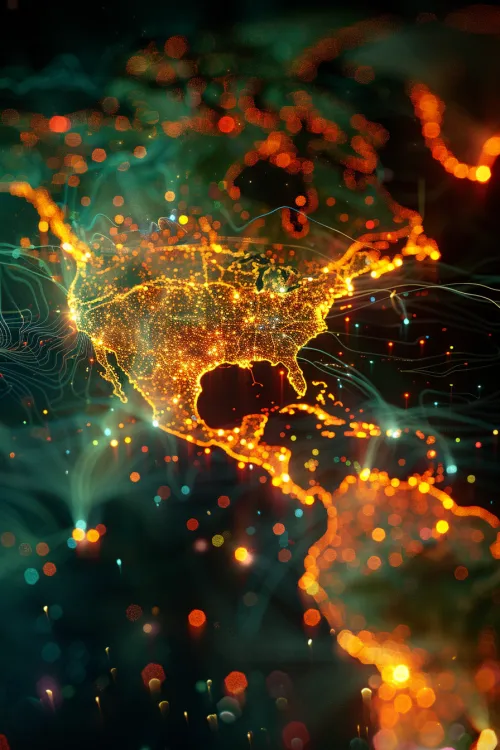 Abstract image with a lit map of North and Central America