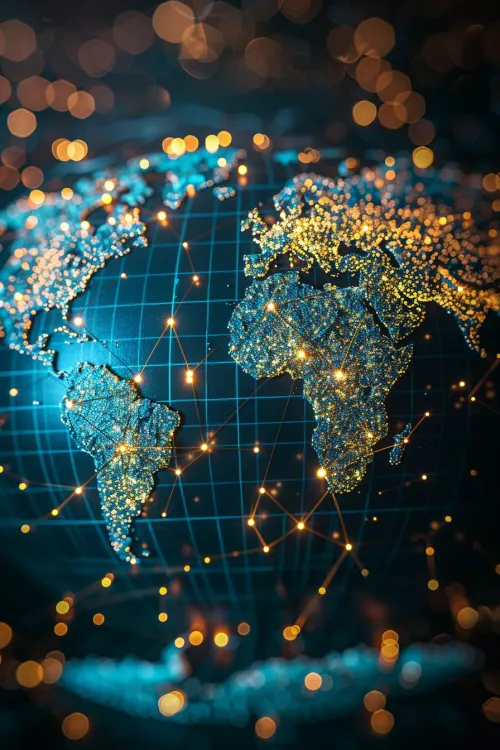 Three-Dimensional World Map with Glowing Dots and Network Connections