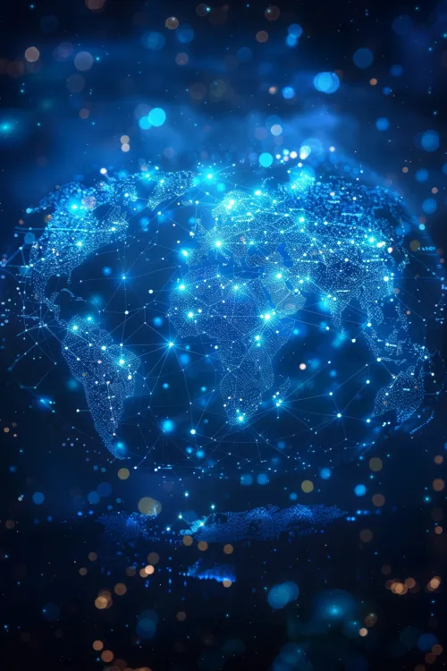 Image of a globe with blue network patterns and glowing elements