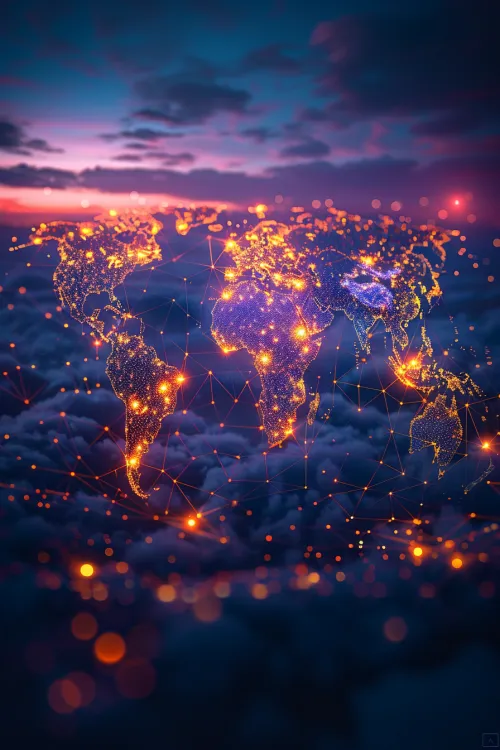 Imagen visual fascinante del mundo con continentes iluminados y redes