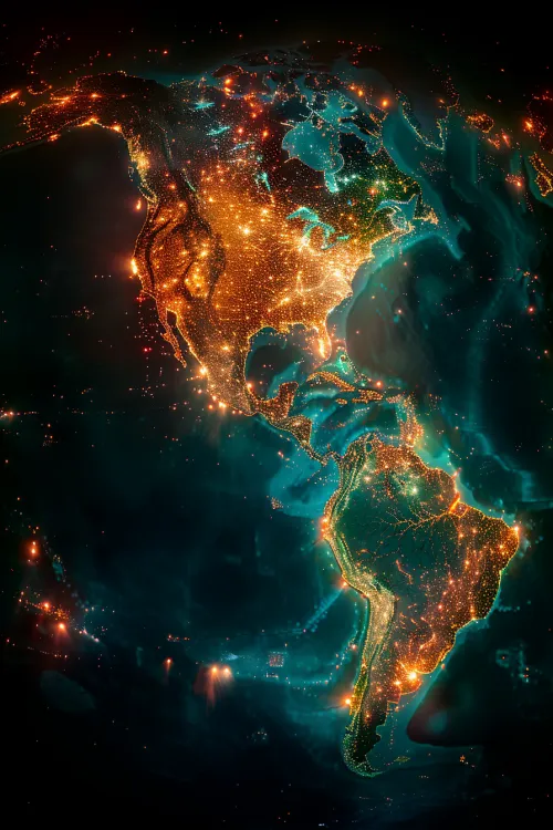 Light points on the map of North and South America at night