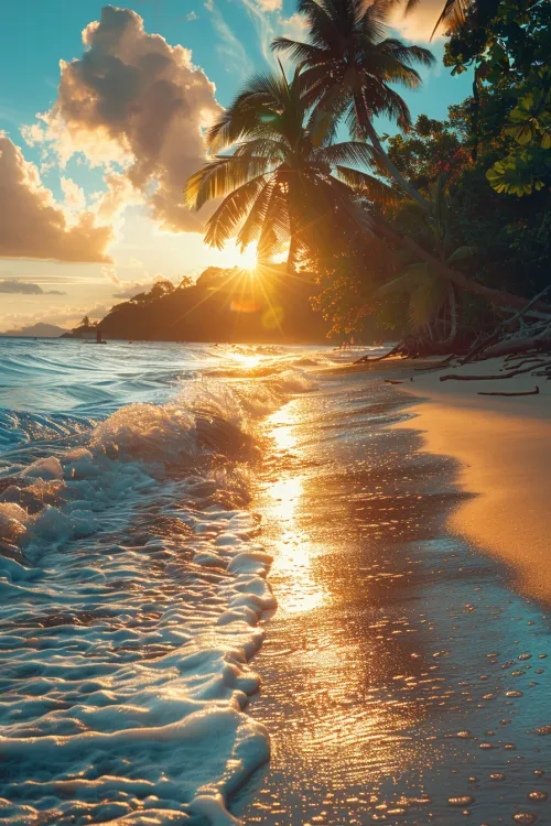 Тropical beach at sunset with palm trees and gentle waves