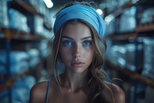 Portrait of a young woman with long hair and a blue headband against a warehouse background
