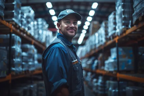 Hombre sonriente en ropa de trabajo en un almacén entre estanterías