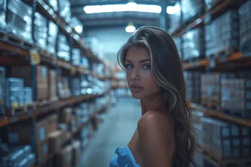 Portrait of a Woman in a Light Blue Top Against a Warehouse Background