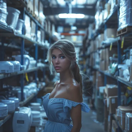 Young woman in a blue dress in a multi-level warehouse