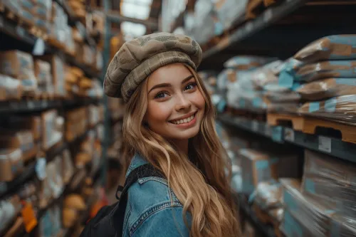 Chica con cabello largo y boina en un espacio de almacenamiento