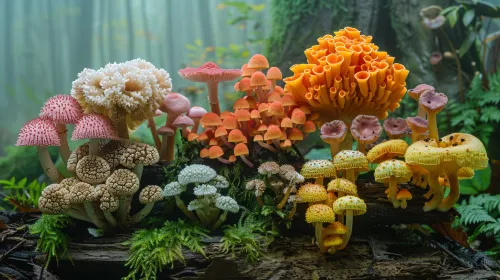 Foto de una multitud de setas de colores variados sobre el suelo del bosque