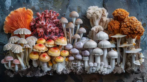 Colección de diversas setas presentadas sobre una superficie de piedra gris