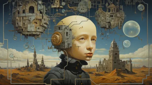 Scene with a human face and mechanical structures against the backdrop of a landscape