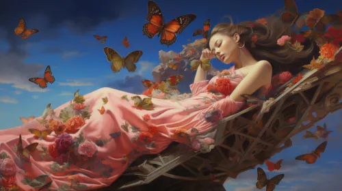 Woman in a pink dress surrounded by many butterflies and flowers under a blue sky