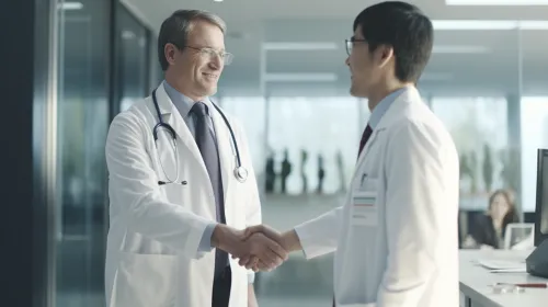 Two doctors in white coats firmly shake hands in the clinic