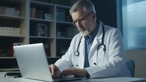 El médico en bata blanca está concentrado escribiendo en un portátil