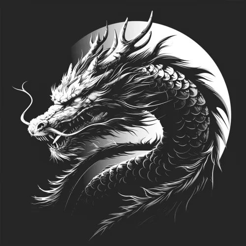 Black and white image of a dragon with a detailed head and tail