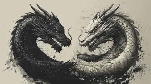 Dragón negro y blanco luchando en una interpretación artística