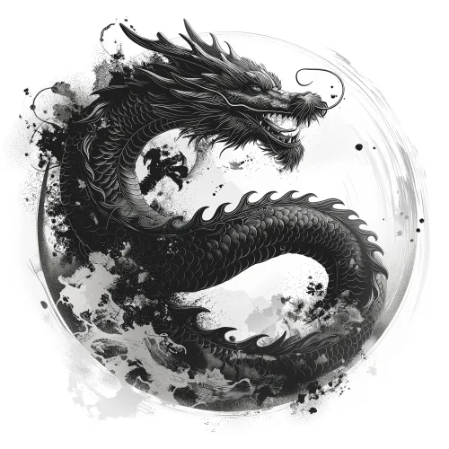 Ilustración de un dragón negro con una cabeza detallada y un cuerpo serpenteante