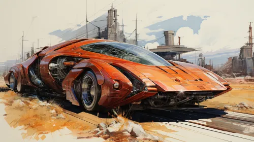Coche concepto naranja brillante contra un fondo de ciudad en ruinas
