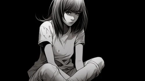 Imagen en blanco y negro de una chica sentada en el suelo en estilo manga
