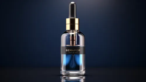Frasco de vidrio con contenido azul oscuro y gotero de fondo