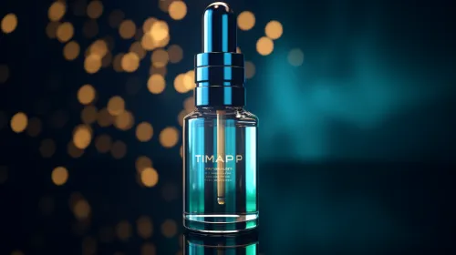 Frasco de aceite cosmético luminiscente con gotero sobre un fondo de luz difusa