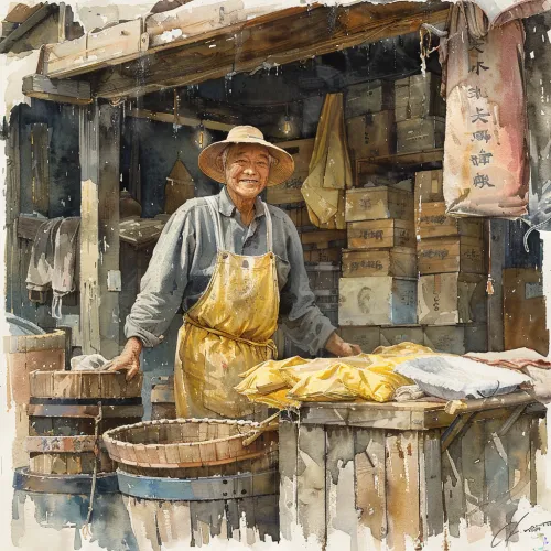 Friendly elderly man behind a stall with goods at the market