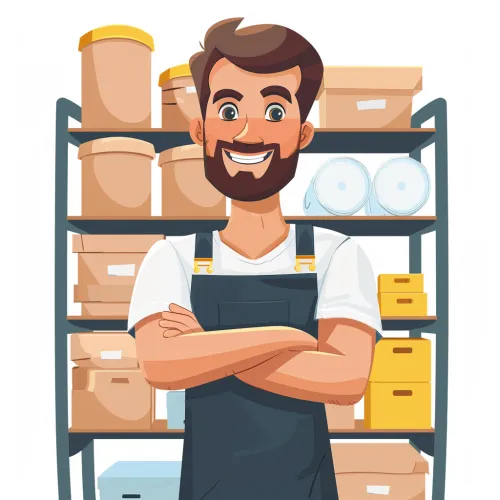 Bearded man standing in front of shelves with packages and containers