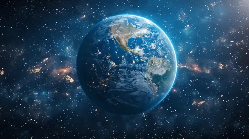 Earth surrounded by stars and galaxies, a view from space
