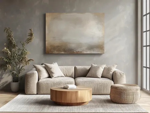 Interiores modernos con un sofá, una mesa y una pintura abstracta en la pared