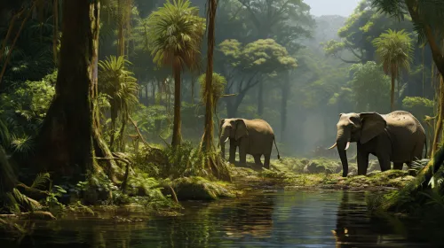 Two elephants by the riverbank in a dense tropical forest