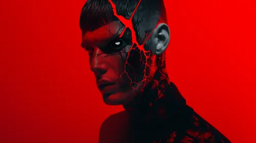 Model's face with artistic makeup and bright phonetic contrast
