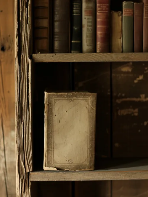Antigua estantería con libros, incluida una con cubierta oscura y desgastes