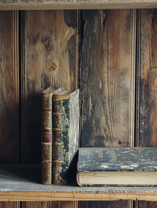 Pequeña colección de libros anticuarios frente a una pared de madera