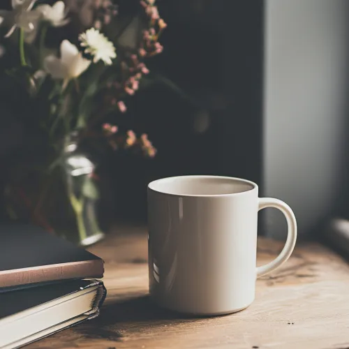 Taza blanca en la mesa junto a flores y libros
