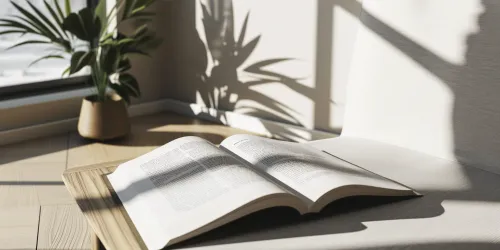 Escena con un libro abierto, una planta verde y luz