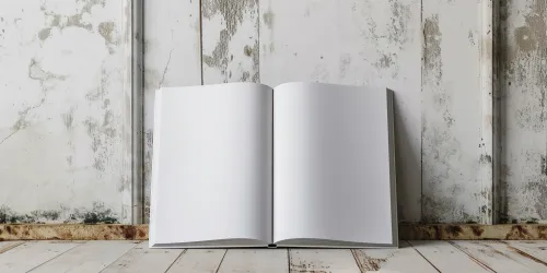 Libro abierto con páginas en blanco sobre un fondo de pared desgastada