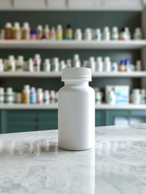 A white plastic bottle sits on a table in a pharmacy store