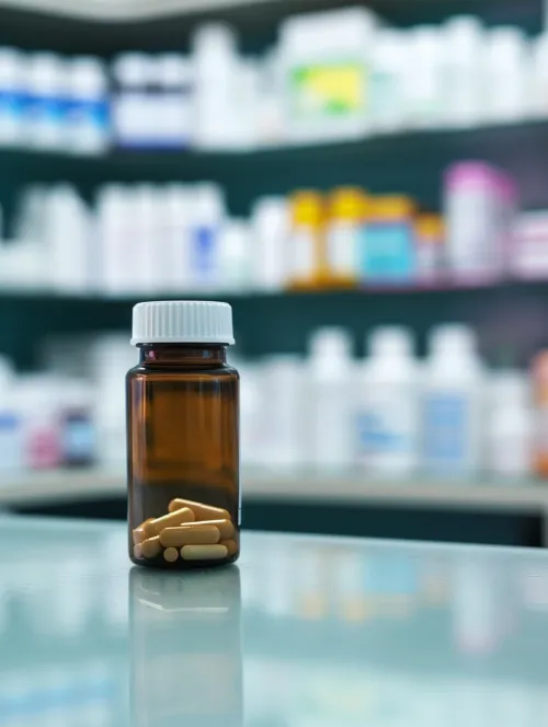 Botella de plástico marrón con cápsulas, frente a medicamentos